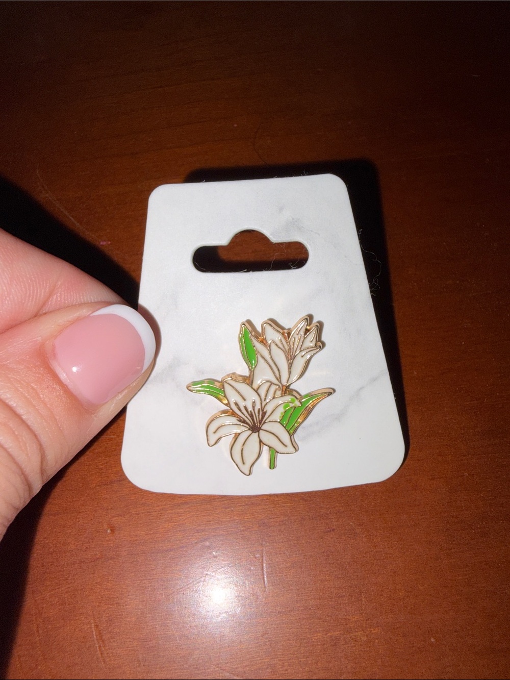 White Lily Floral Enamel Brooch Pin NWT